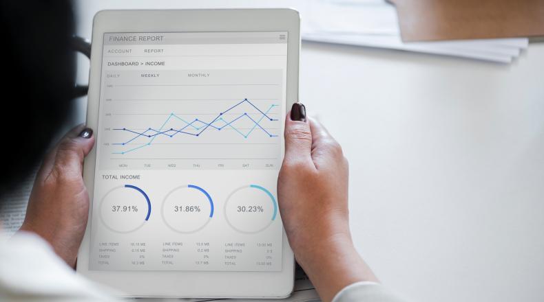 woman looking at a report on iPad