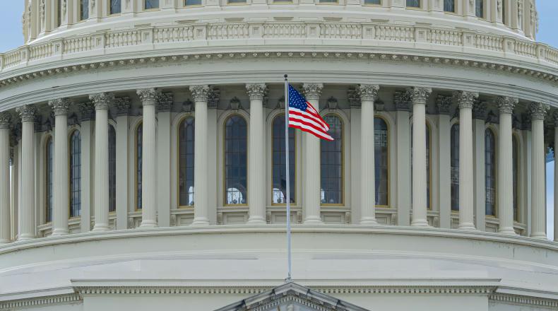 a U.S. flag waves in front of the U.S. Capitol building