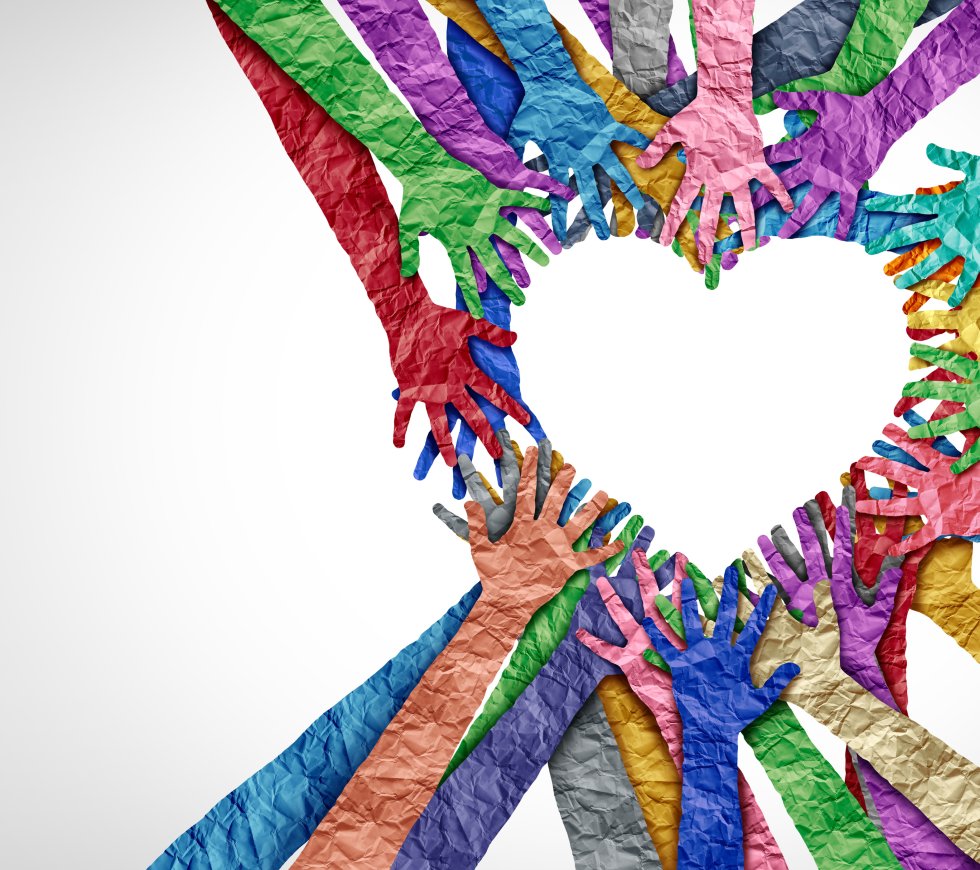 colorful images of arms and hands reaching out to form a heart shape