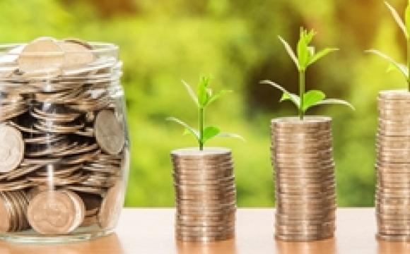 coins in jar and stacks of coins with plants growing from top of stack