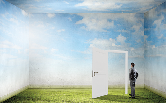 Man standing on green grass looking at an open door with blue sky in the background