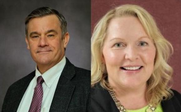 headshot of man in suit jacket and tie and close up of smiling woman in jacket and blouse